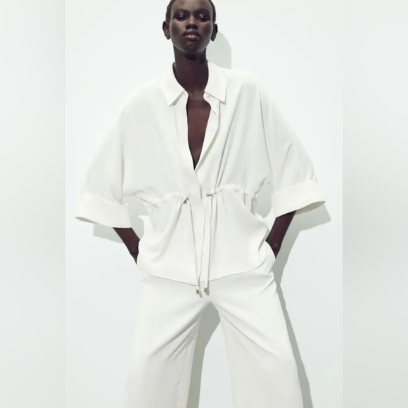 ZARA 2 PIECES SET GATHERED KIMONO SHIRT AND CREPE WIDE LEG PANTS SIZE XS/S - Picture 3 of 15